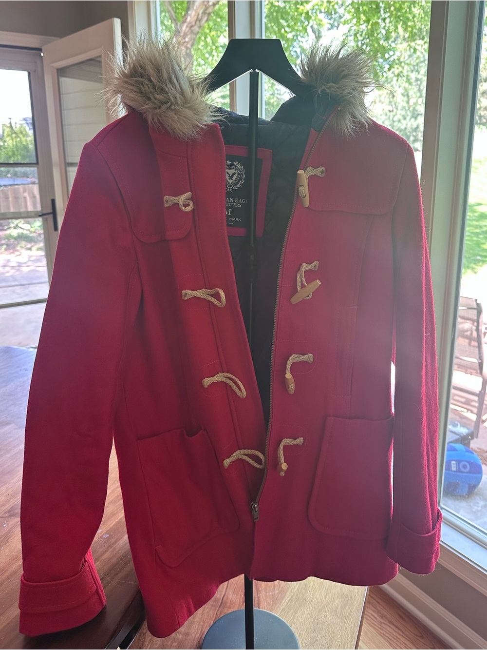American Eagle Red Toggle Coat Faux Fur Hood Medium